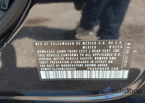 2013 Volkswagen Jetta Gli Autobahn z USA, uszkodzony, nr VIN 3VW5T7AJ3DM285046